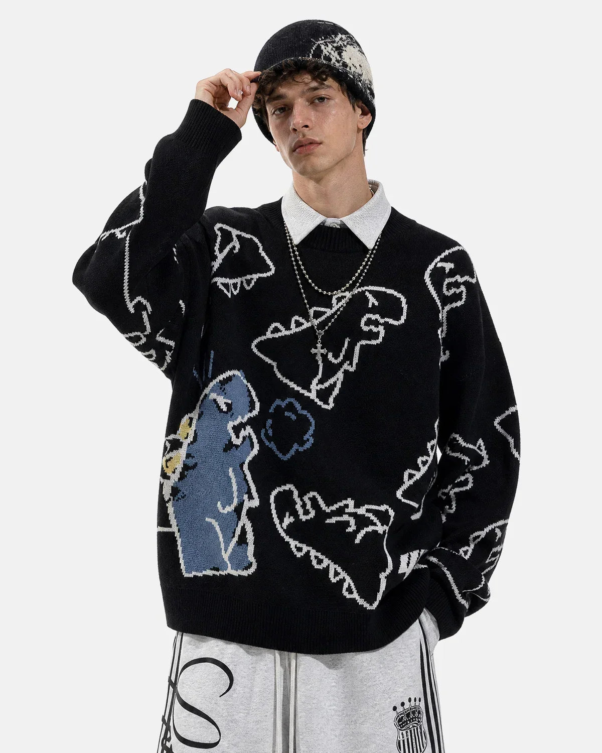 Dinosaur Graphic Crew Neck Knit Sweater MADXMARX