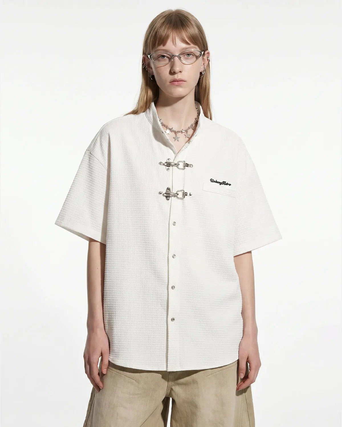 Waffle Shirt with Metal Clasp Detail