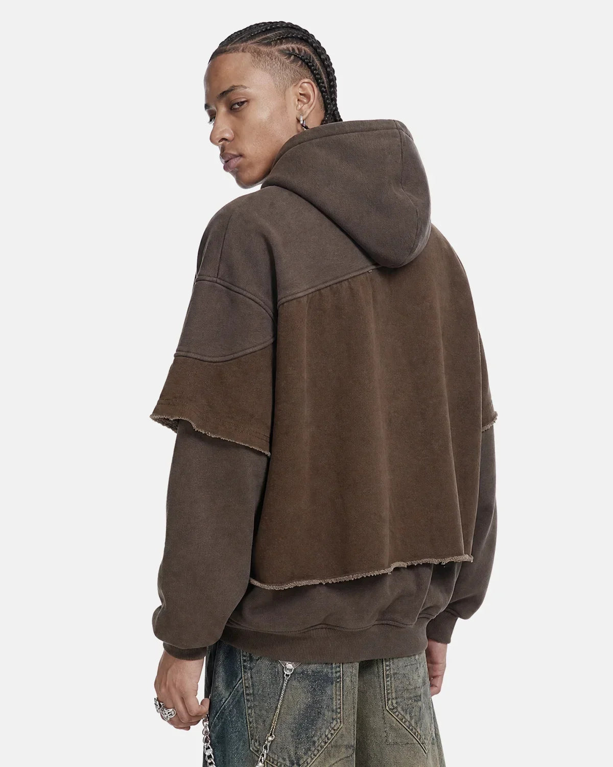 Washed Layered Raw Edge Boxy Hoodie