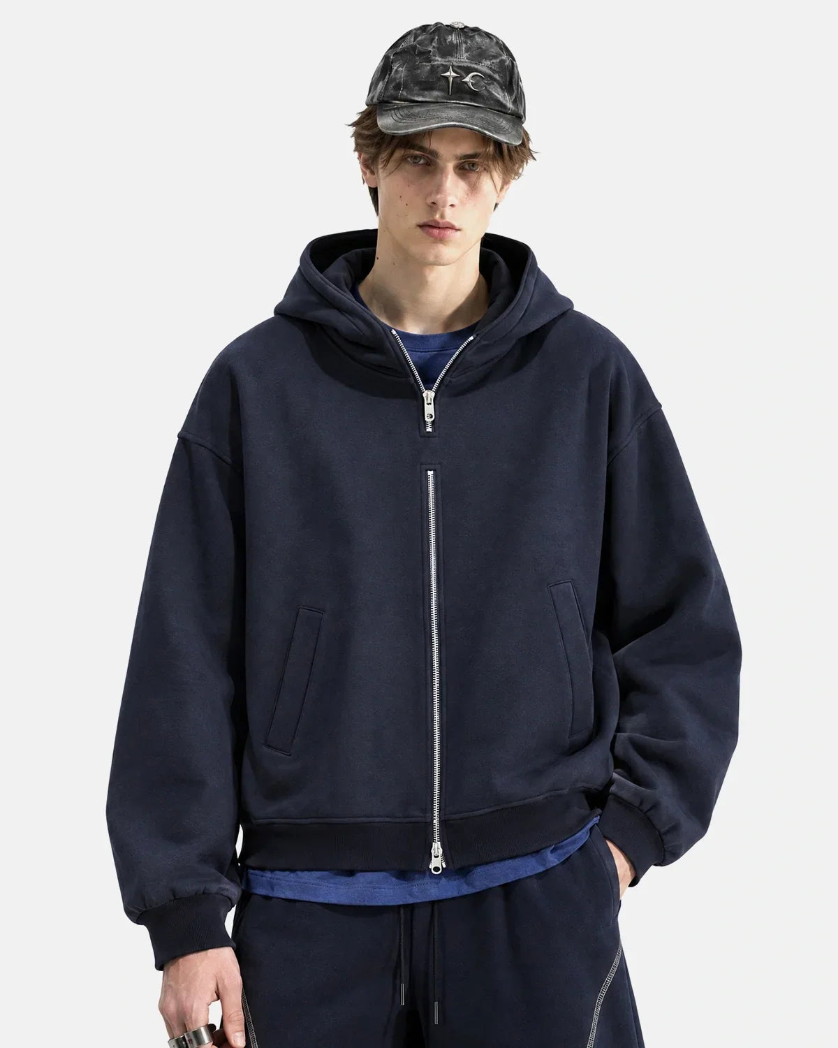 Sweats à capuche zippés en double avec col montant