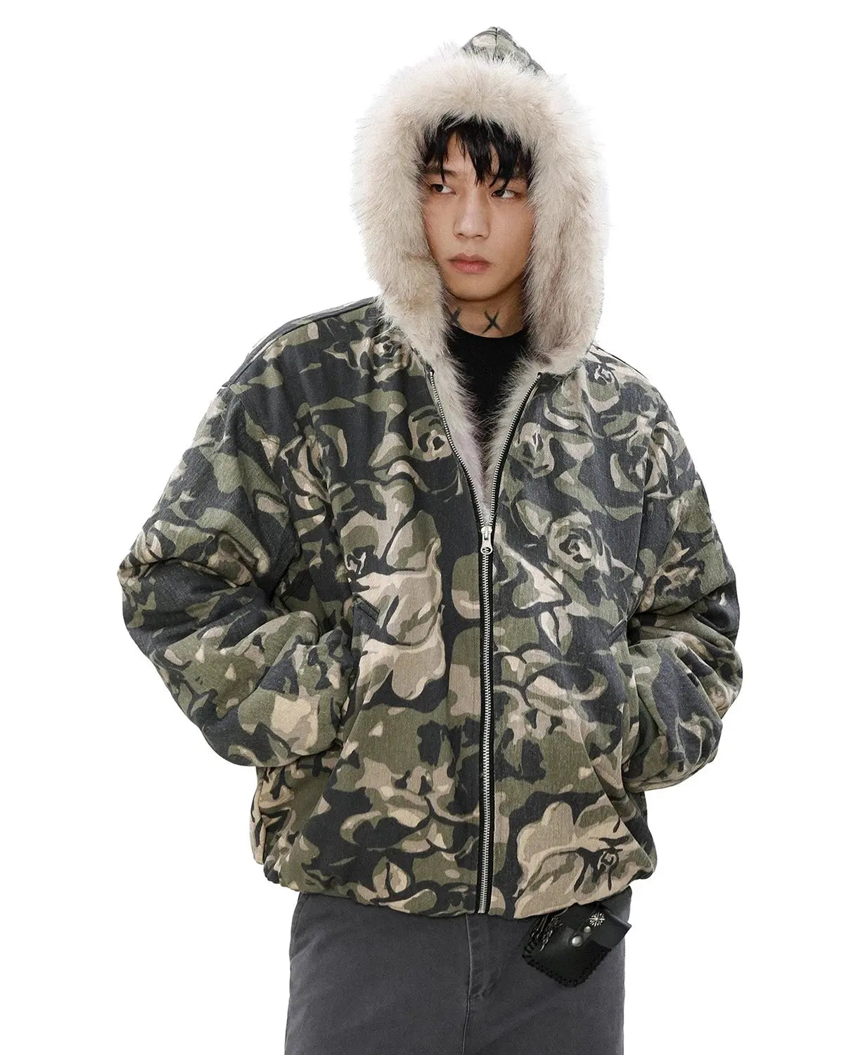 Camo Faux Fur Padded Hooded Jacket MADXMARX