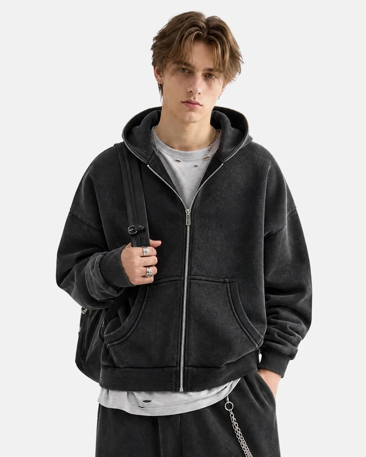 model front view wearing black washed full zip boxy hoodie