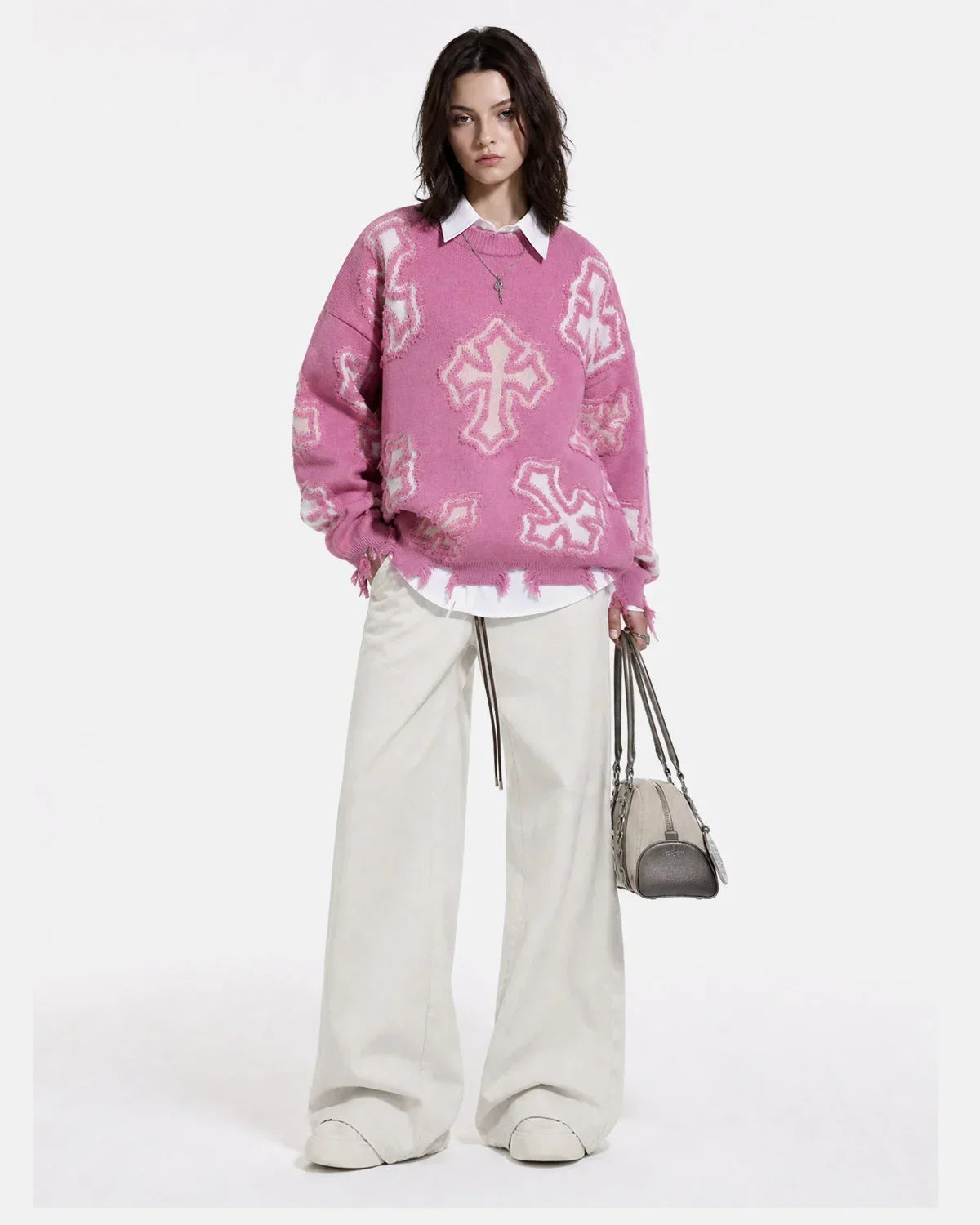 Distressed Cross Graphic Knit Sweater