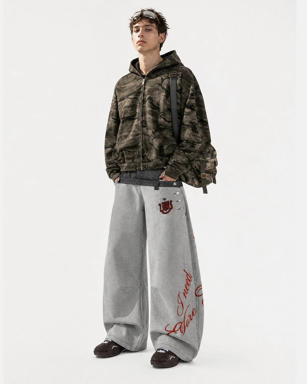 Asymmetric Double Waist Baggy Jeans