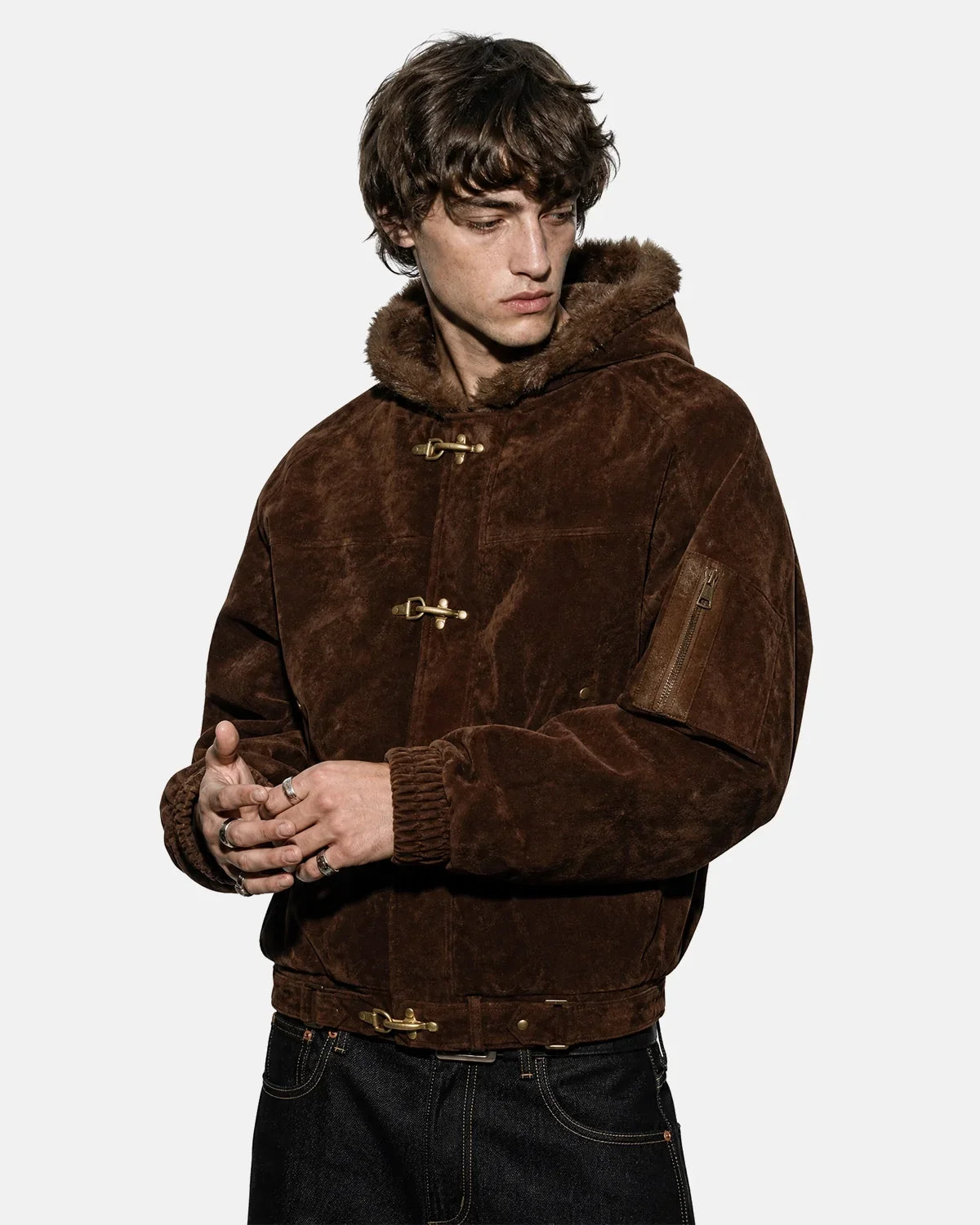 Faux Fur Lined Clasp Bomber Jacket