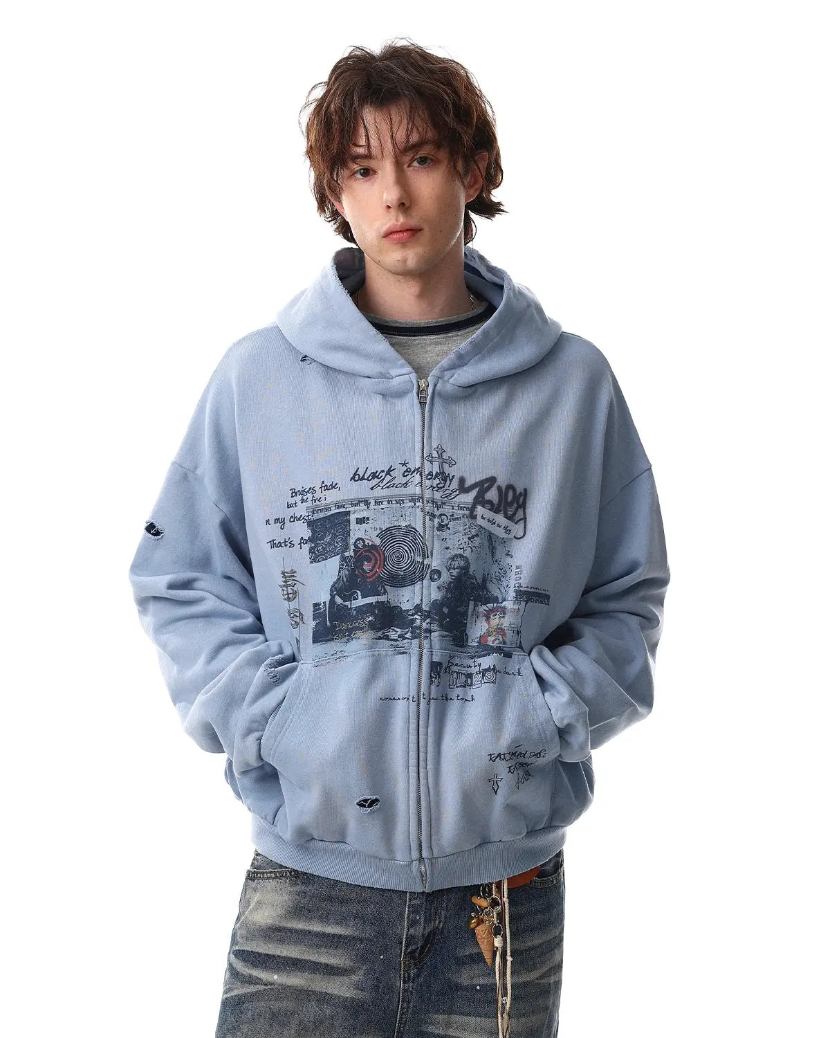 Graffiti Character Distressed Washed Zip Hoodies