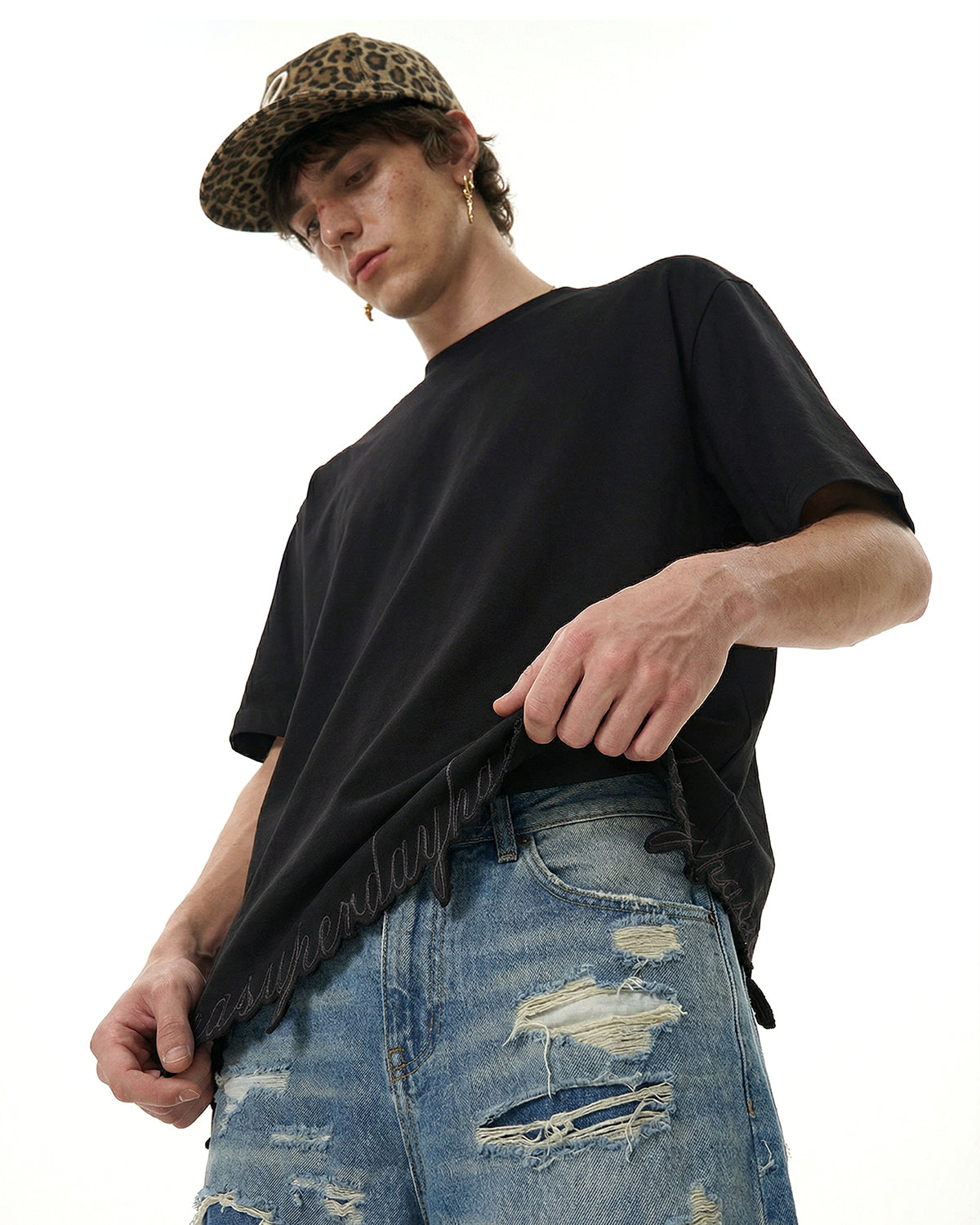 Embroidered Frayed Hem Oversized T-Shirt