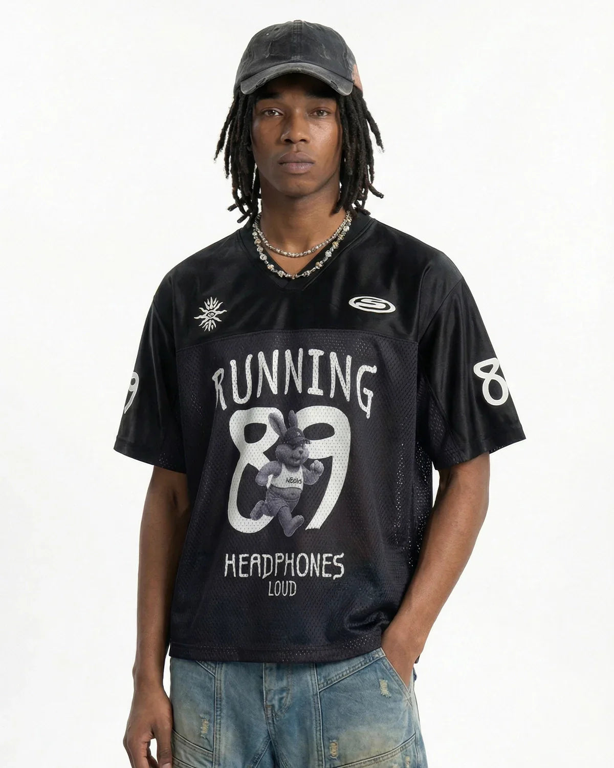 V-Neck Mesh Patchwork Jersey Tee
