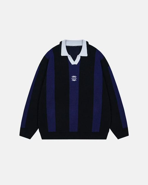 Retro Striped Polo Knit Sweater - Black / S