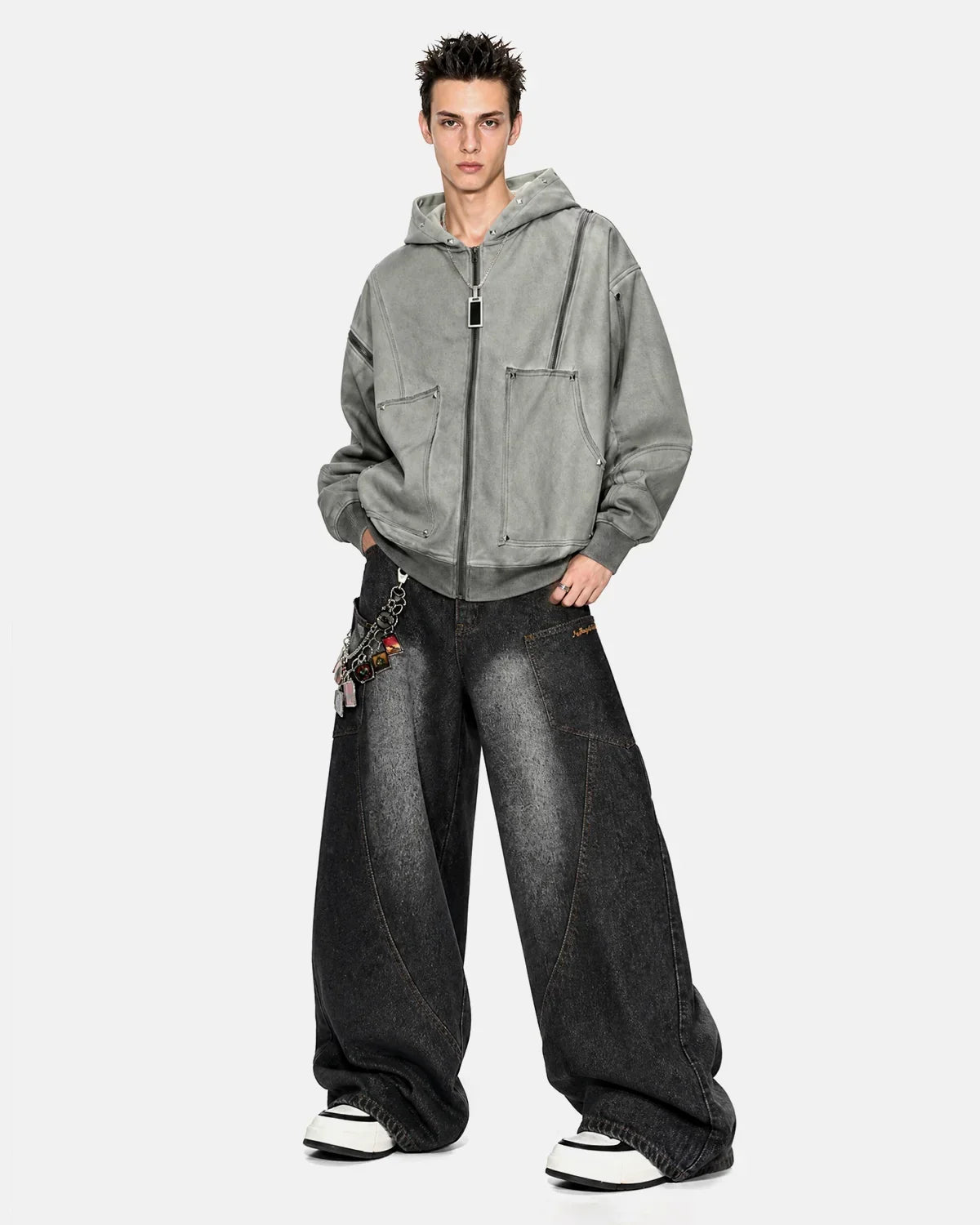 Dirty Washed Studded Boxy Zip Up Hoodie