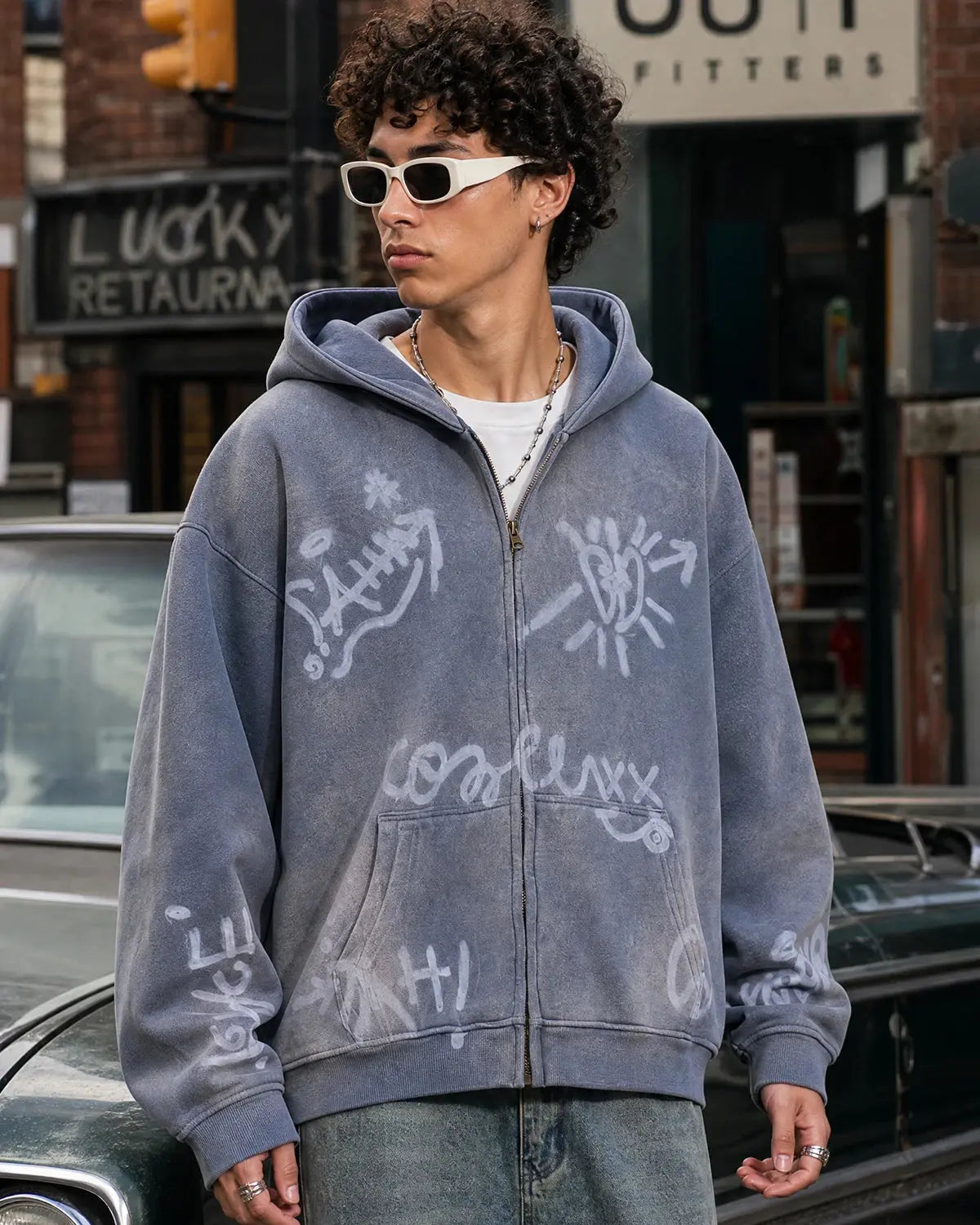 Graffiti Washed Zip Up Hoodies
