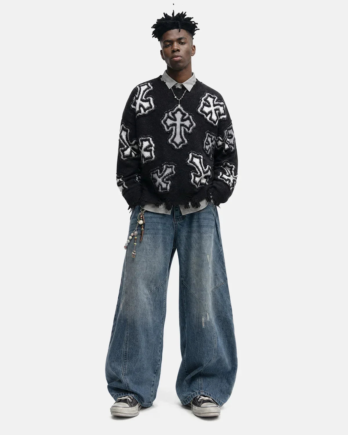 Distressed Cross Graphic Knit Sweater