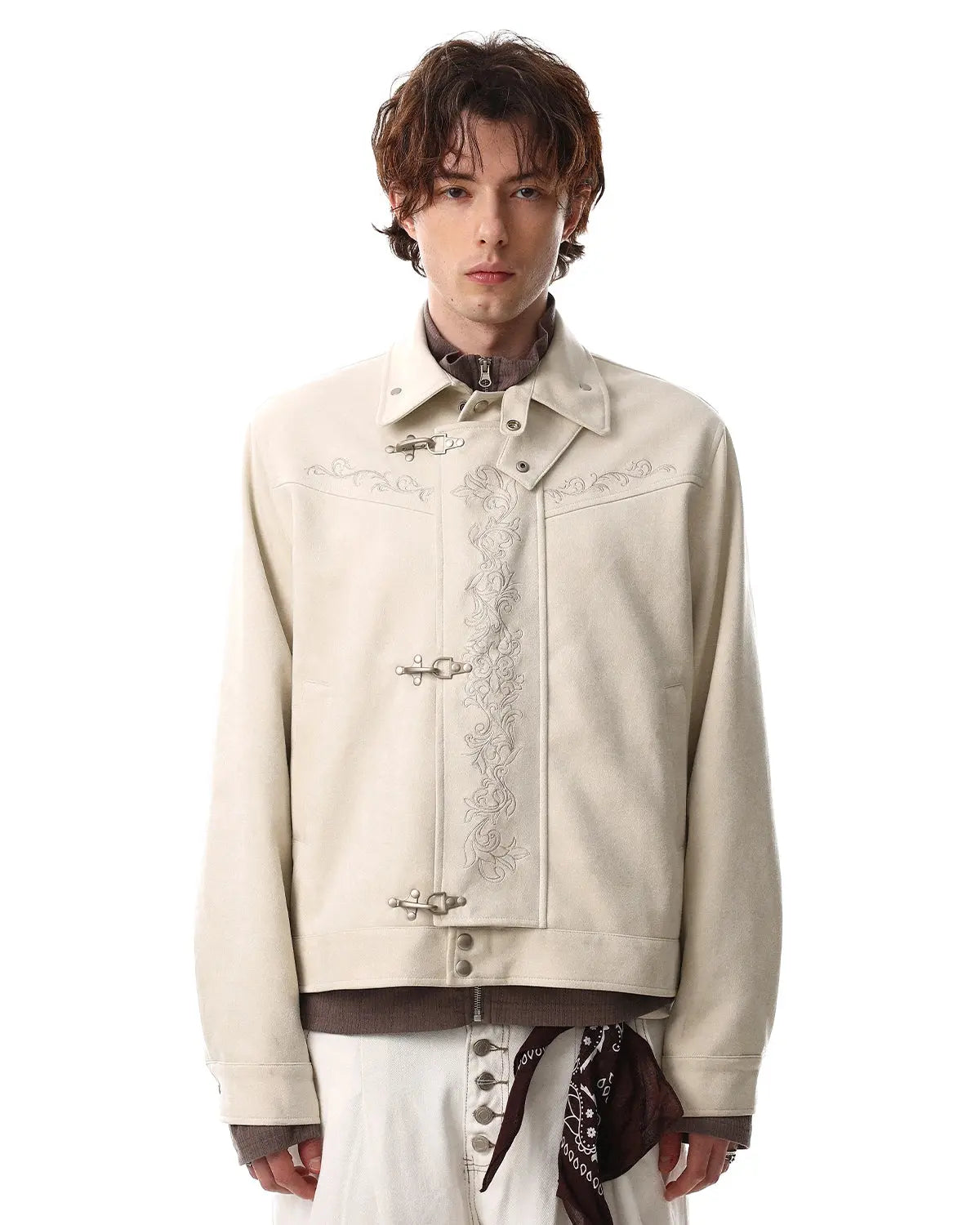 Embroidery Jacquard Cropped Clasp Jacket