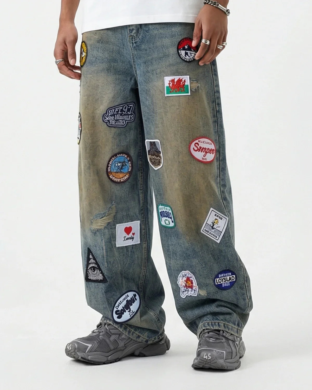 Patch Embroidery Washed Barrel Jeans