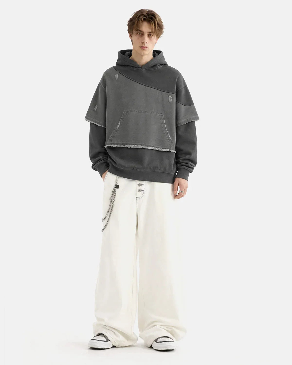 Washed Layered Raw Edge Boxy Hoodie