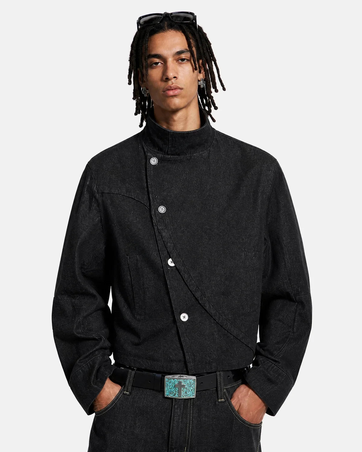 Cropped Asymmetric Button Denim Jacket