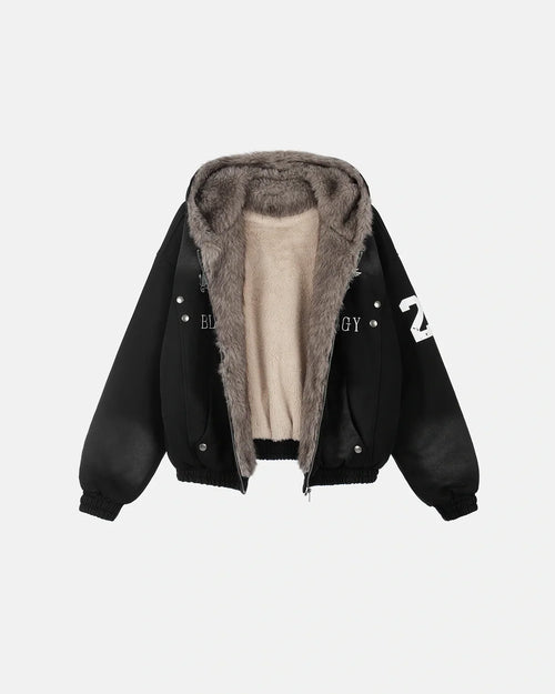 Chaqueta bomber con capucha de piel sintética lavada - Negro / S