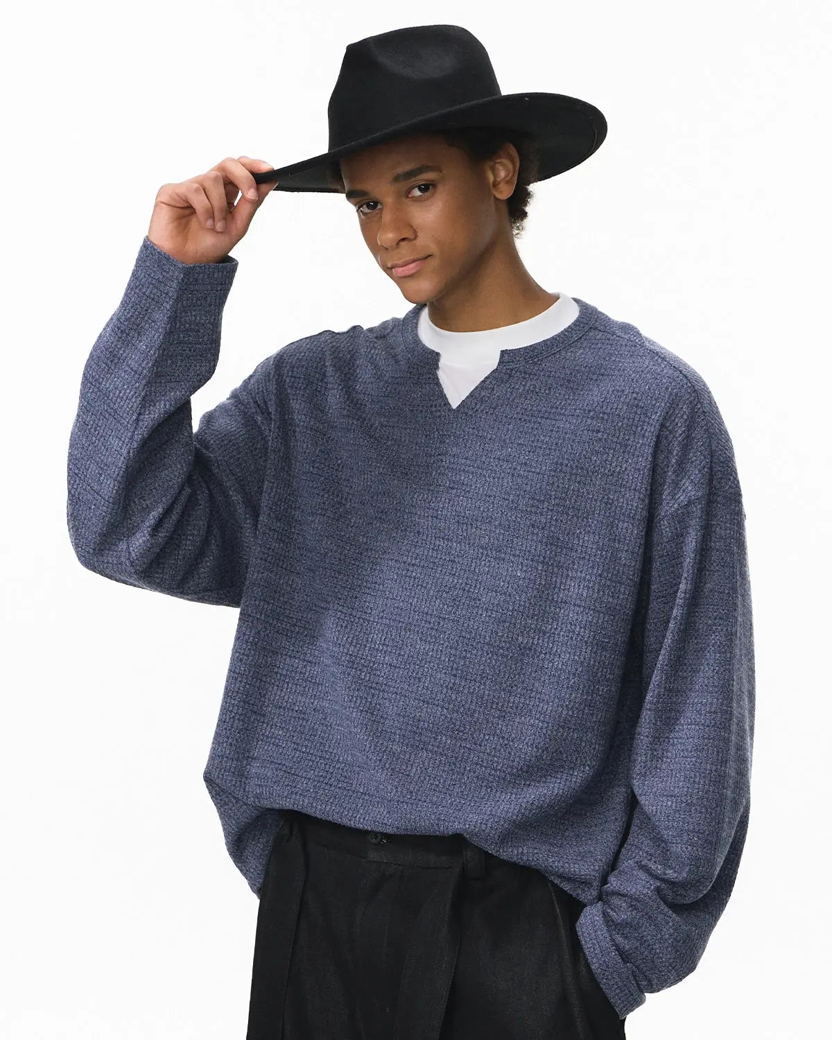 V-neck Long Sleeve Waffle Tees
