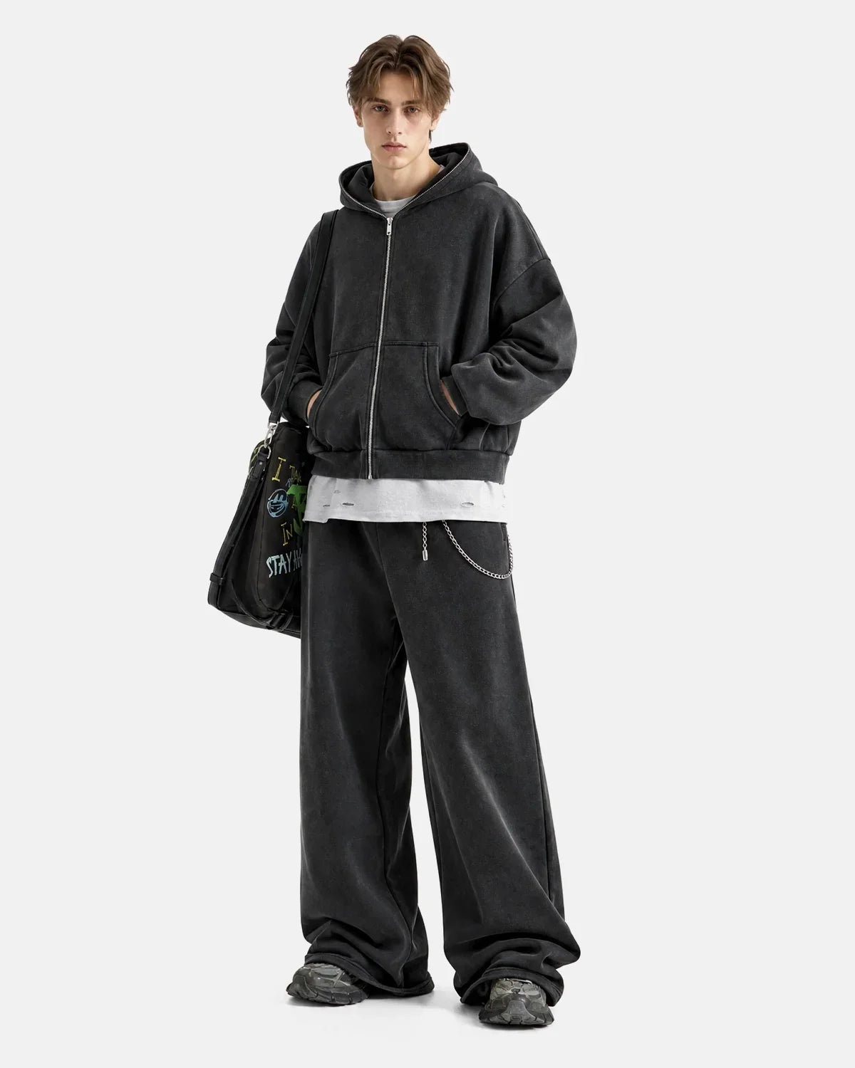 full body outfit with black boxy zip hoodie and wide leg pants