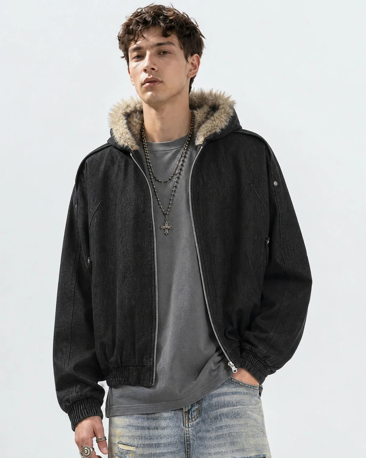 Faux Fur Hooded Padded Denim Jacket