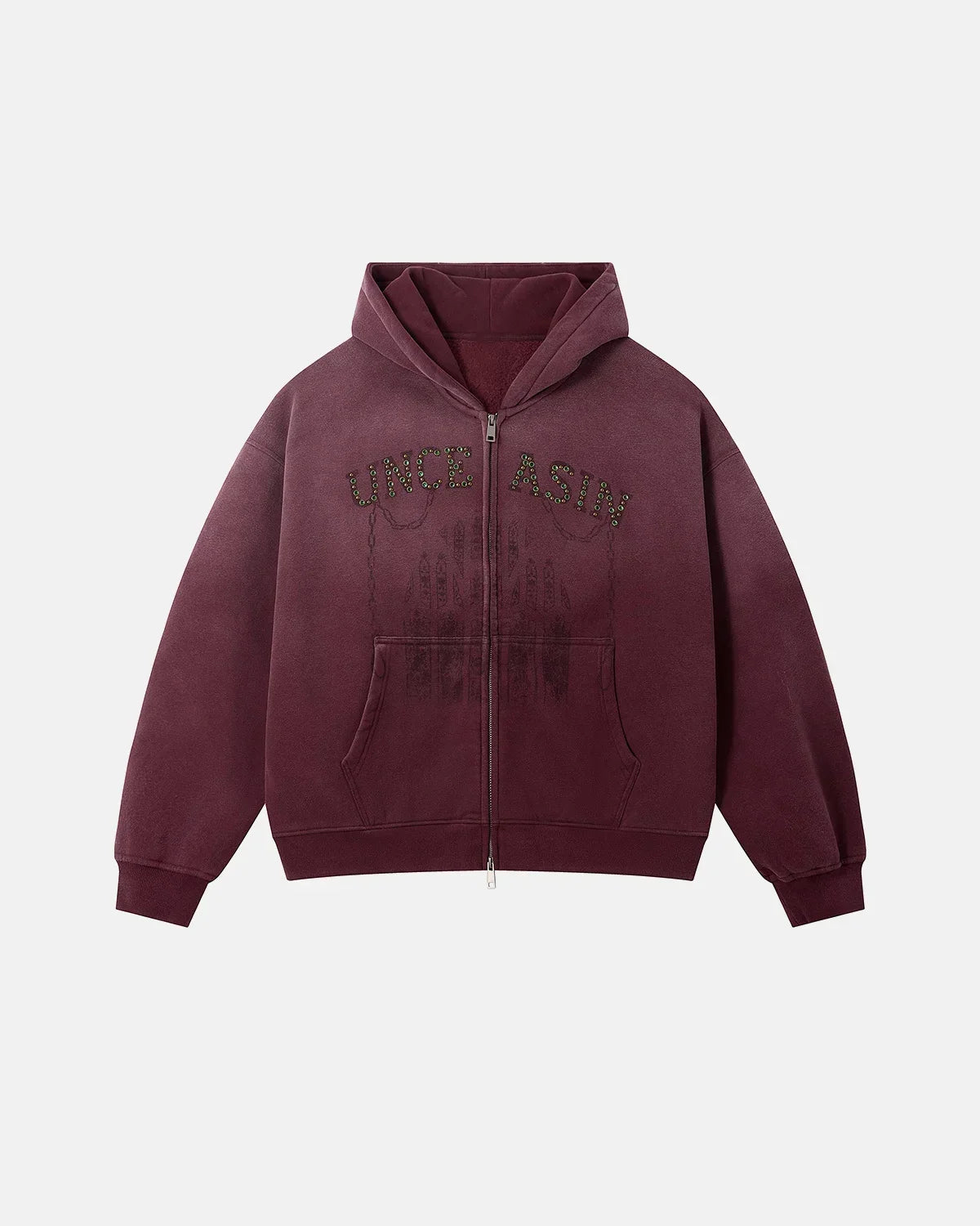 Gothic Rhinestone Washed Zip Up Hoodie