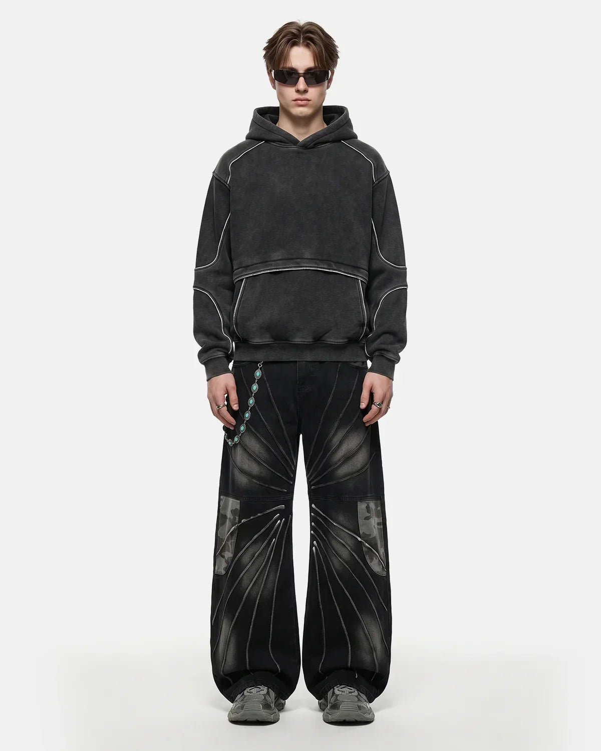Washed Reflective Piping Boxy Hoodie