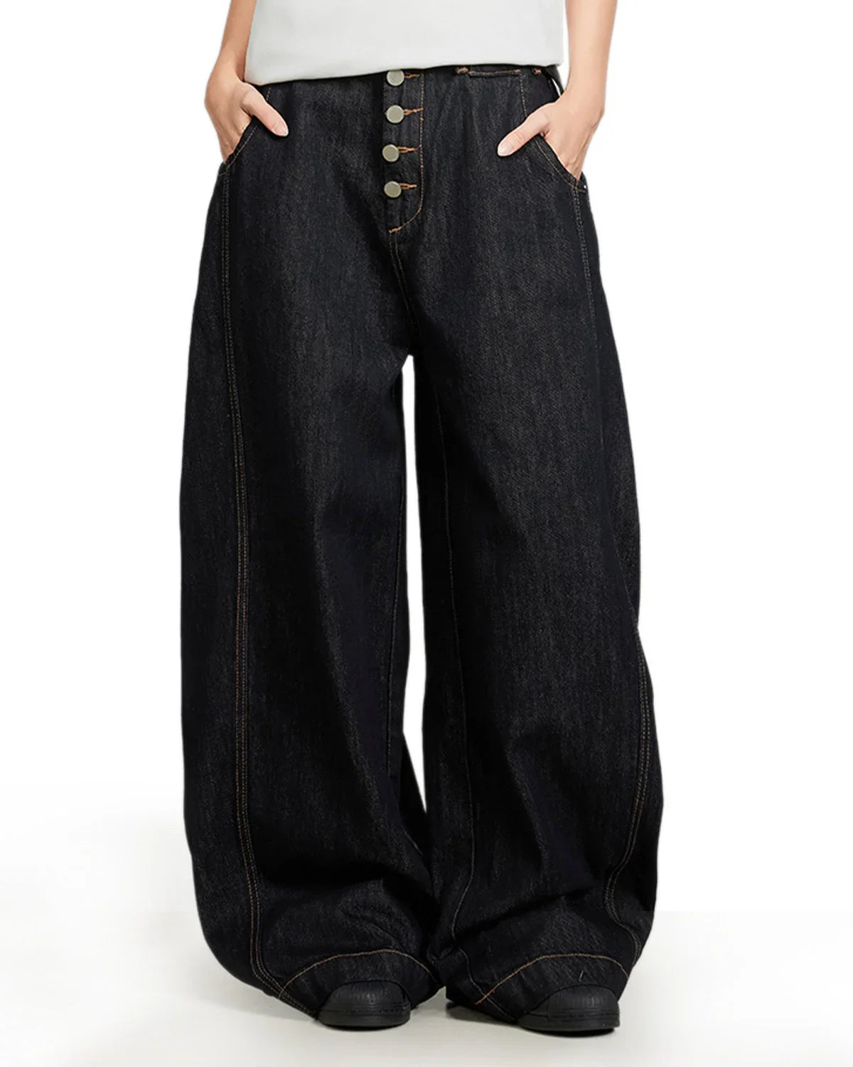 Black Buttons Up Barrel Baggy Jeans