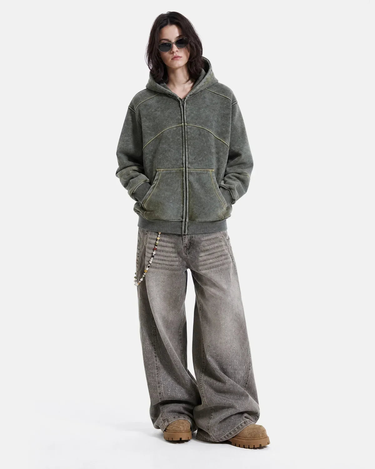 Contrast Stitch Boxy Zip Up Hoodie