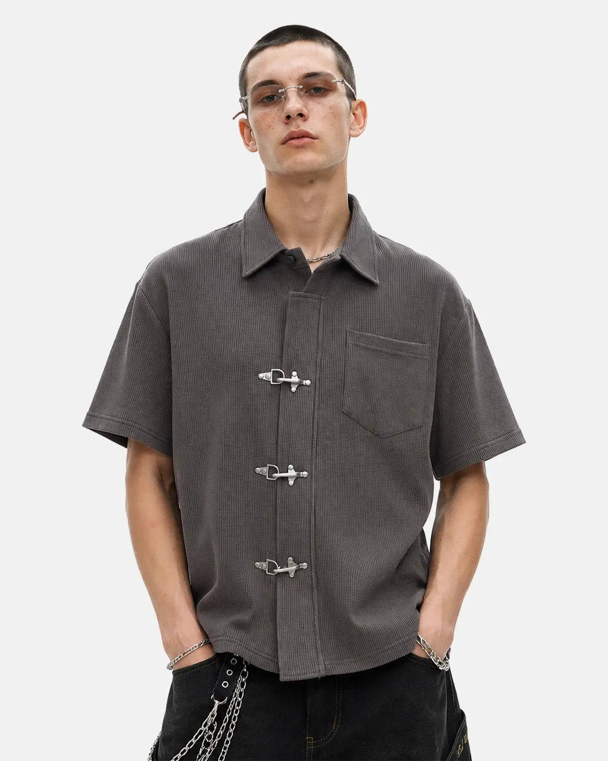 Metal Clasp Waffle Shirt