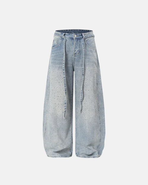 Rhinestone Baggy Barrel Jeans - Blue / M