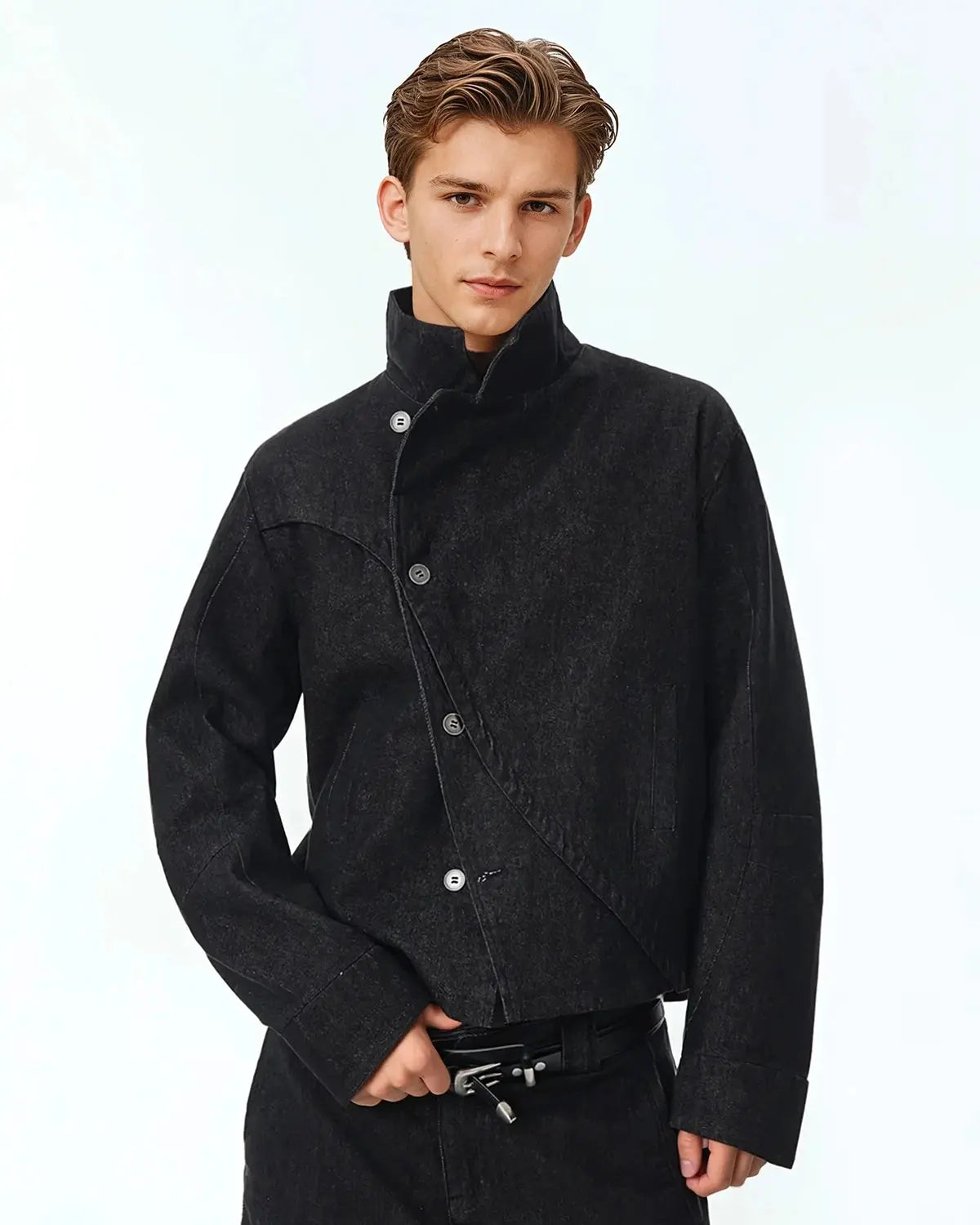 Cropped Asymmetric Button Denim Jacket