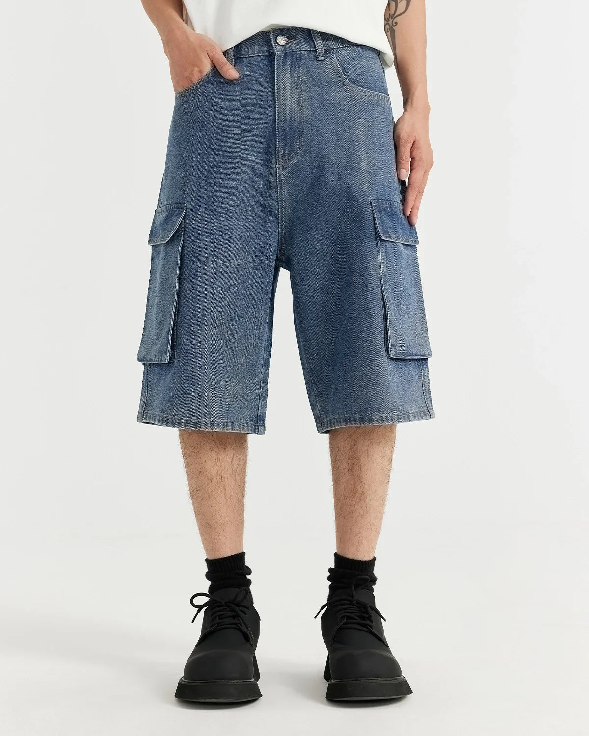 Short en jean cargo délavé bleu