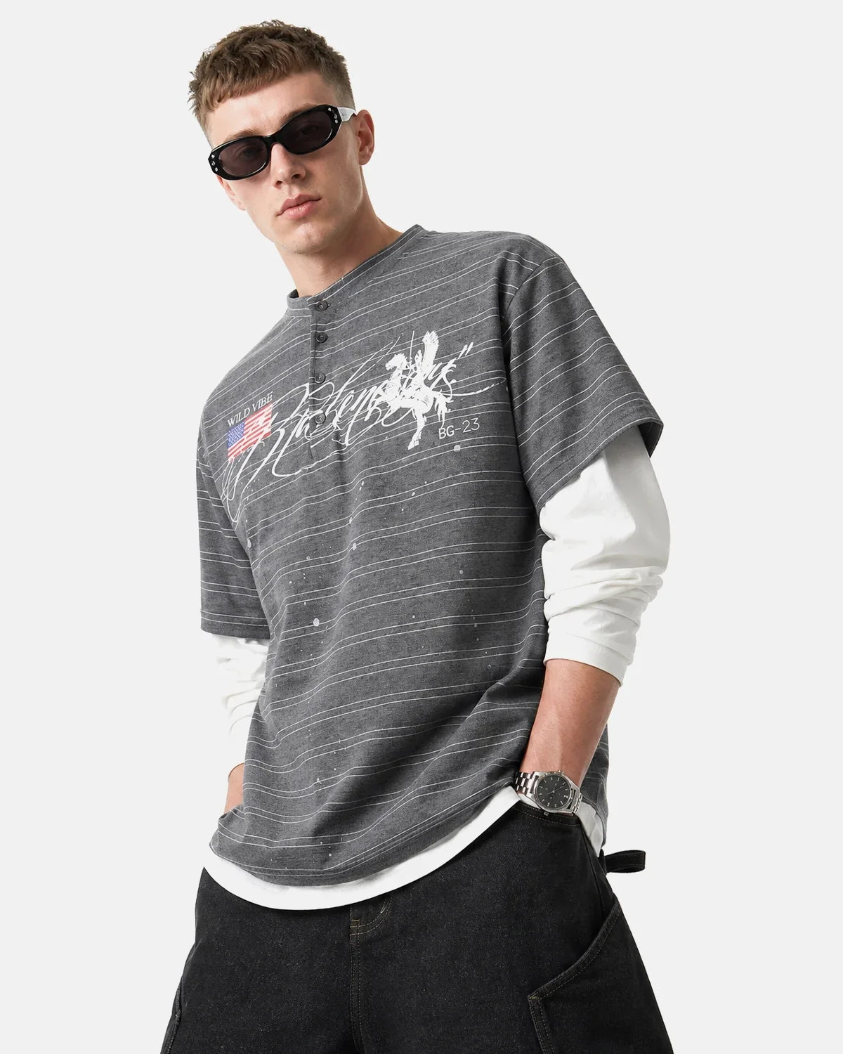 Layered Henley Stripe T-Shirt