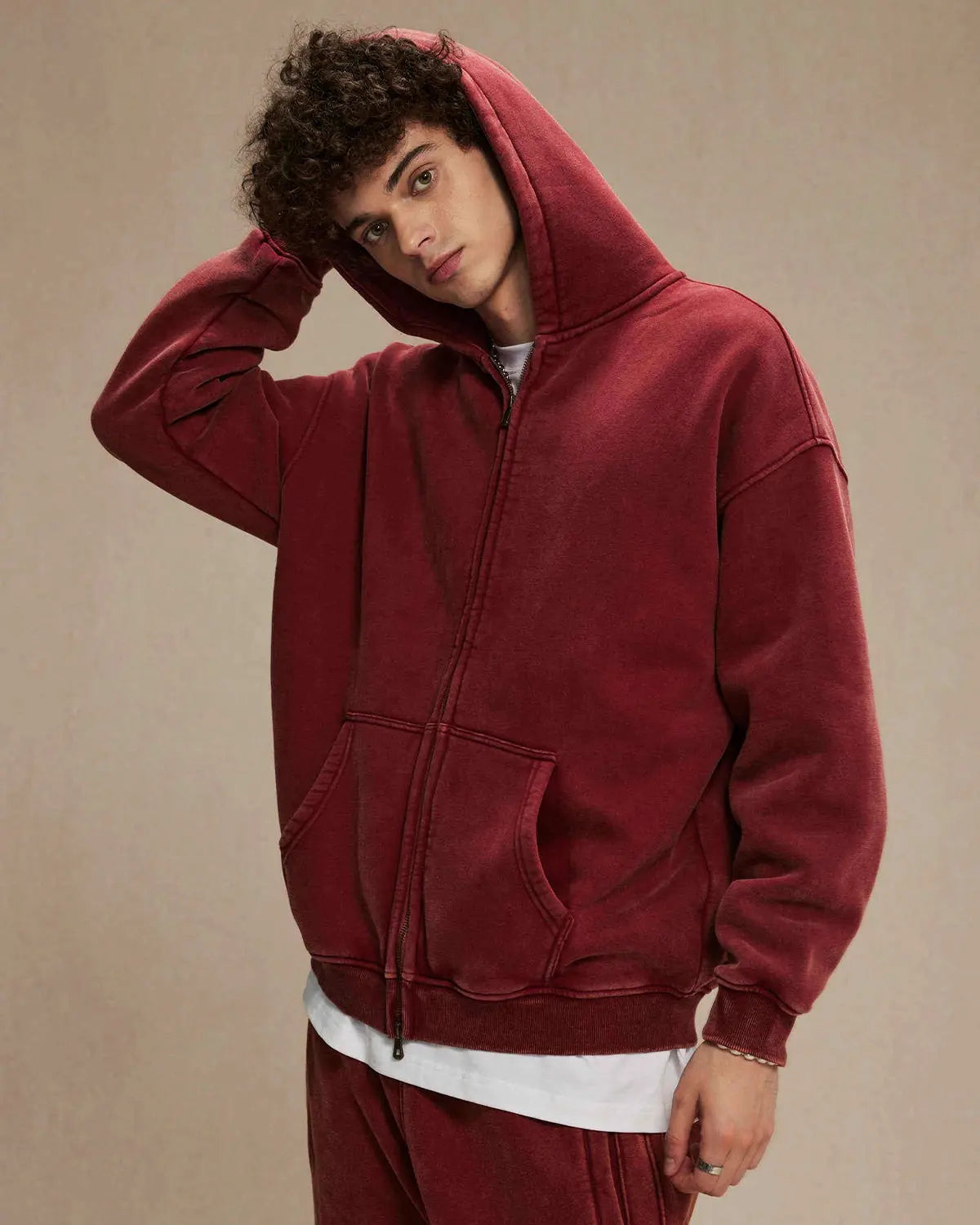 Washed Distressed Fleece Zip Up Hoodies