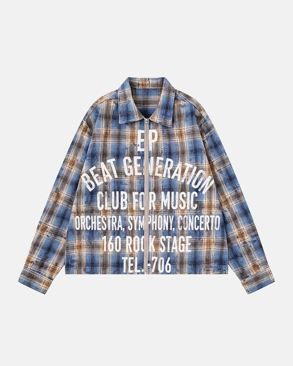 Blue Plaid Long-Sleeve Shirt with Bold Letter Graphics