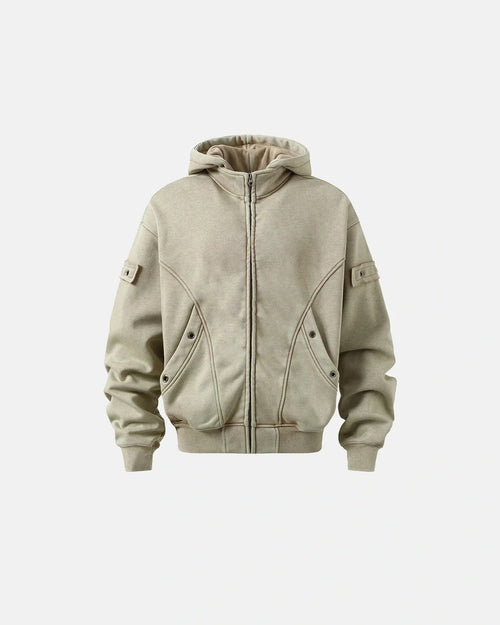 Sweat à capuche zippé vintage à empiècements délavés - Kaki / S