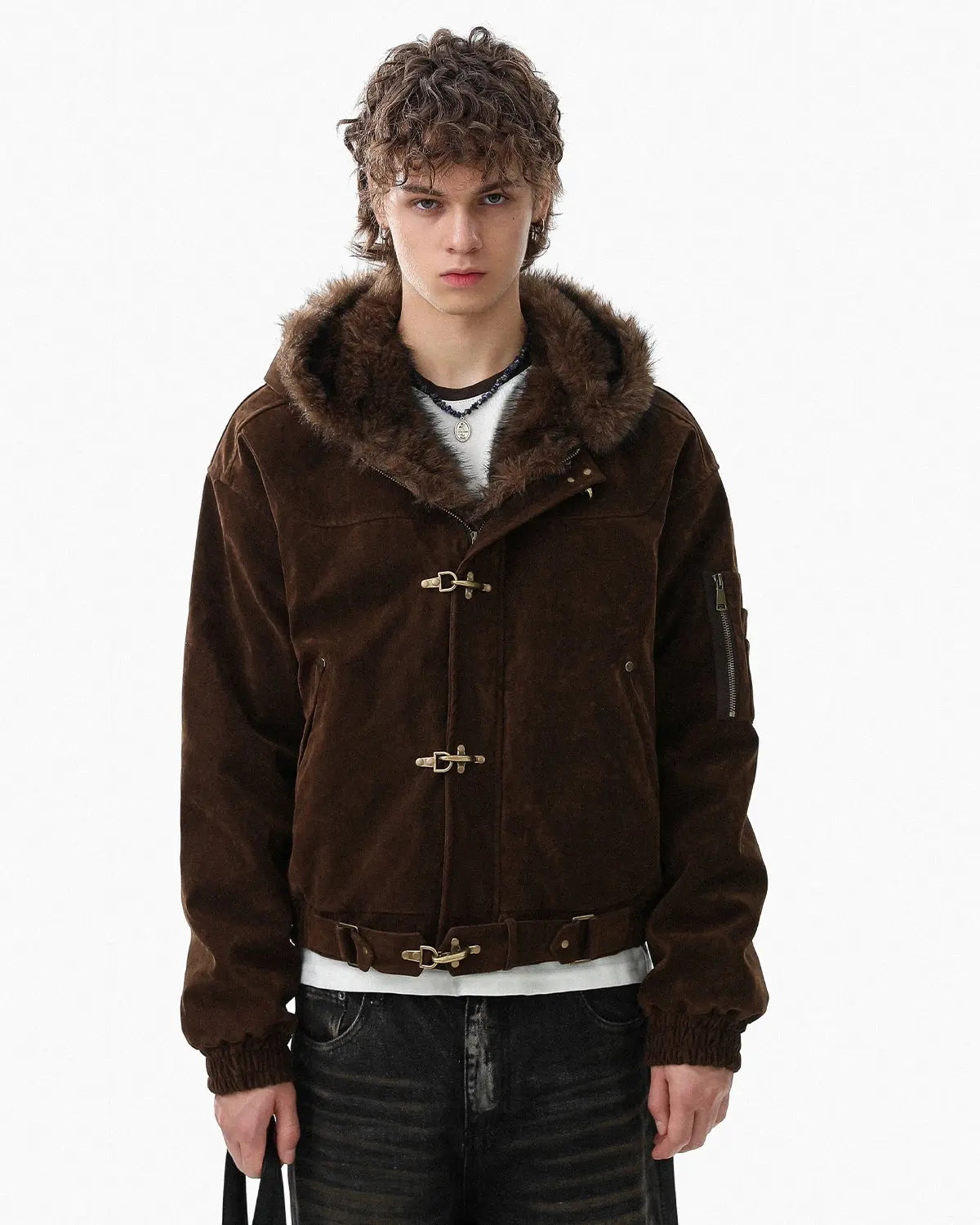 Faux Fur Lined Clasp Bomber Jacket