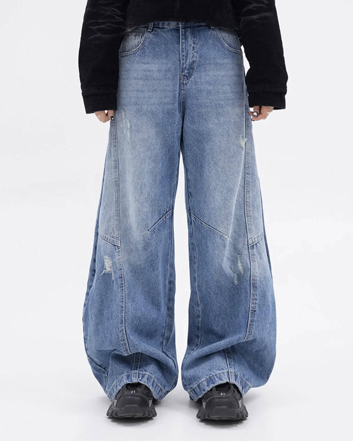 Acid Washed Distressed Barrel Jeans