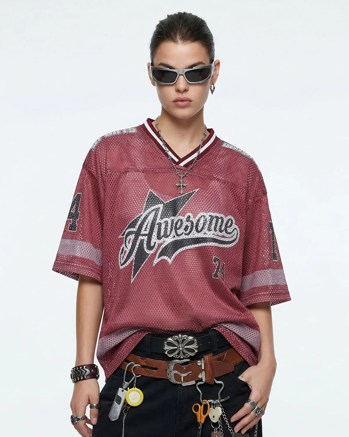 V-neck Graphic Mesh Jersey