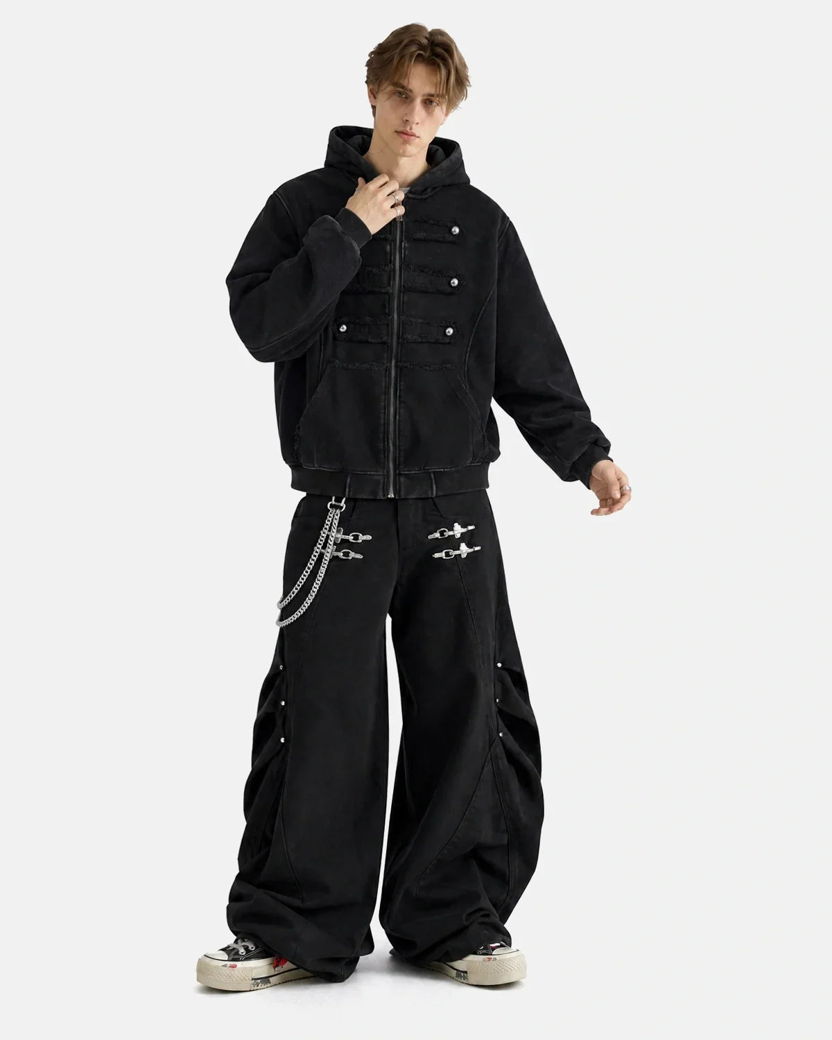 Washed Studded Boxy Zip Up Hoodie
