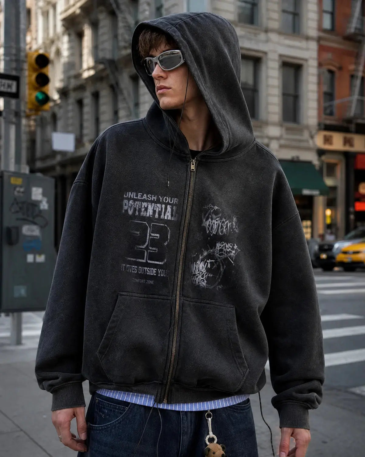 Graphic Washed Zip Up Hoodies