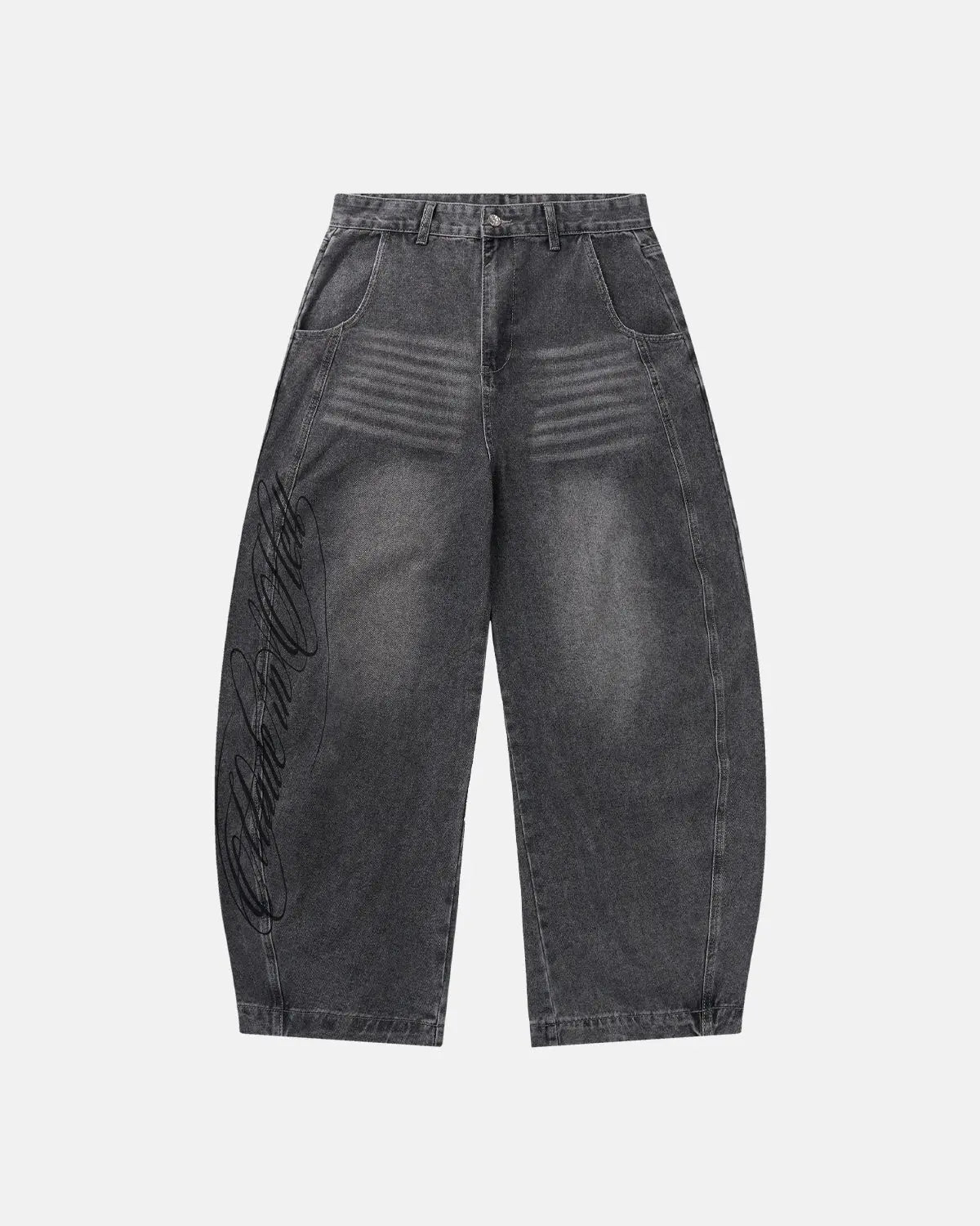 Script Graphic Washed Barrel Jeans