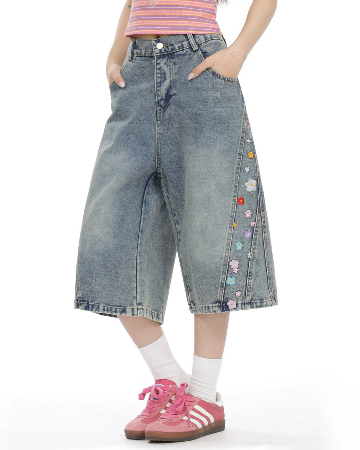 Floral Embroidered Long Baggy Jorts