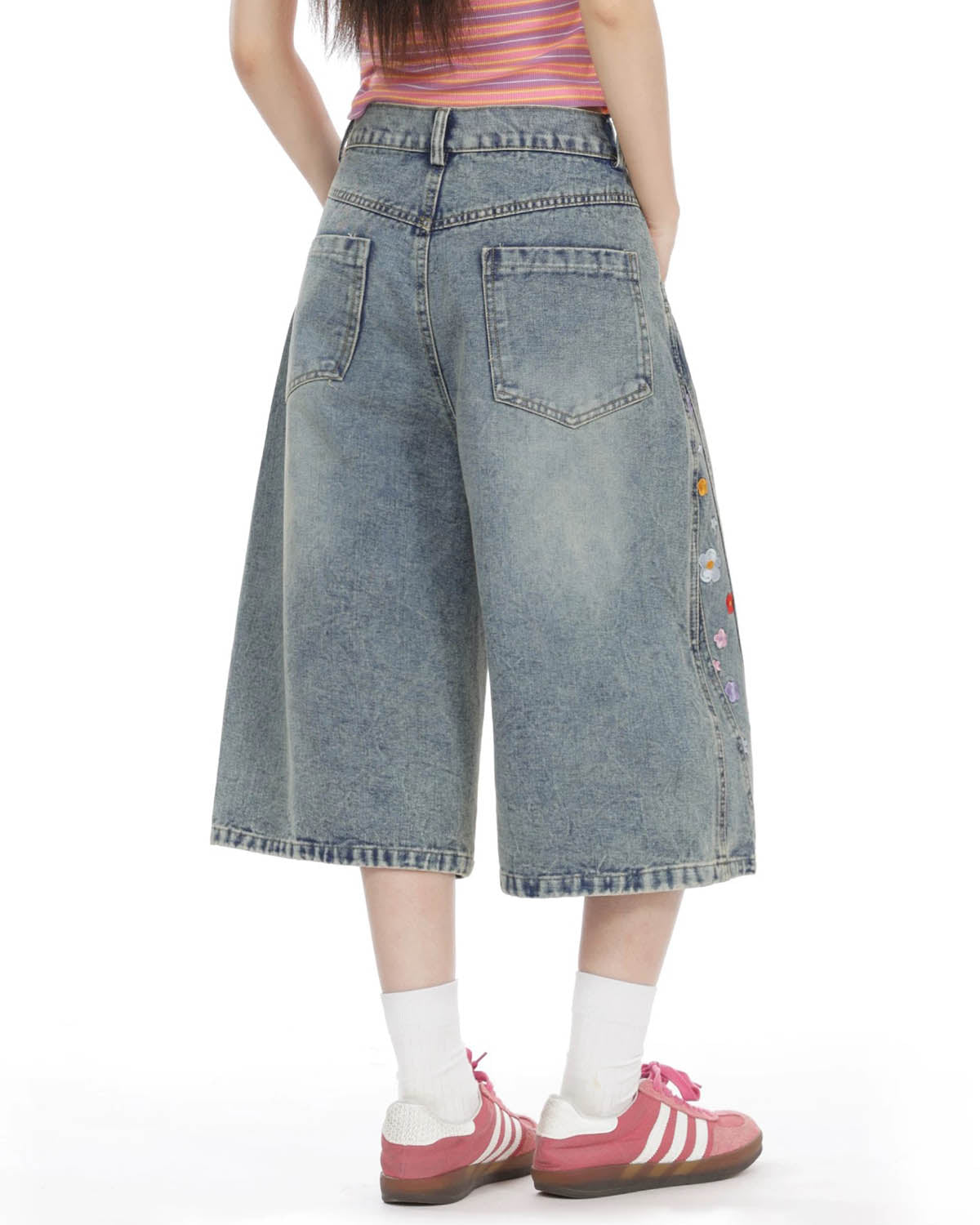 Floral Embroidered Long Baggy Jorts