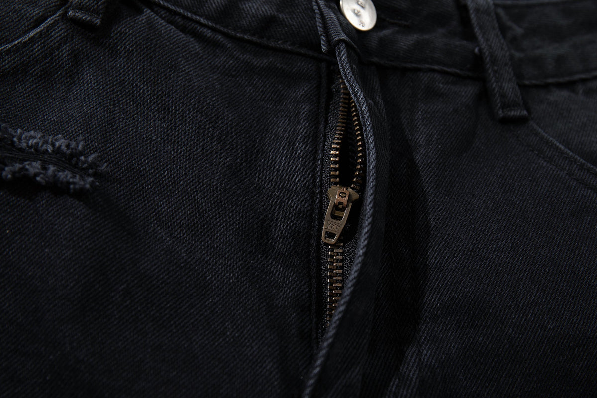Calça Jeans Wide-Leg Preta Canelada Desfiada Madxmarx