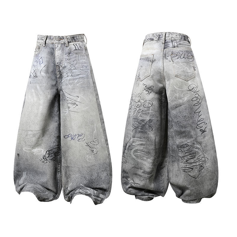 Pantalon en jean délavé à coupe incurvée Madxmarx Graffiti