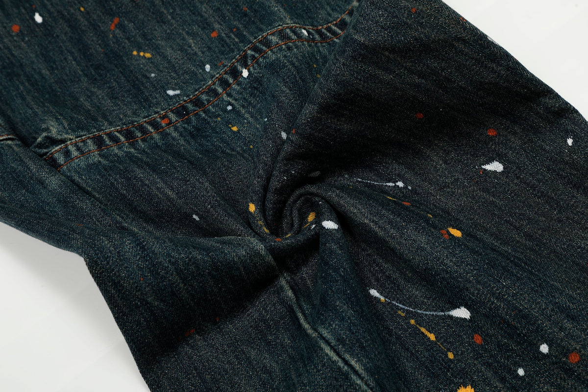 Calça Jeans Wide-Leg Patchwork com Respingos de Tinta Madxmarx
