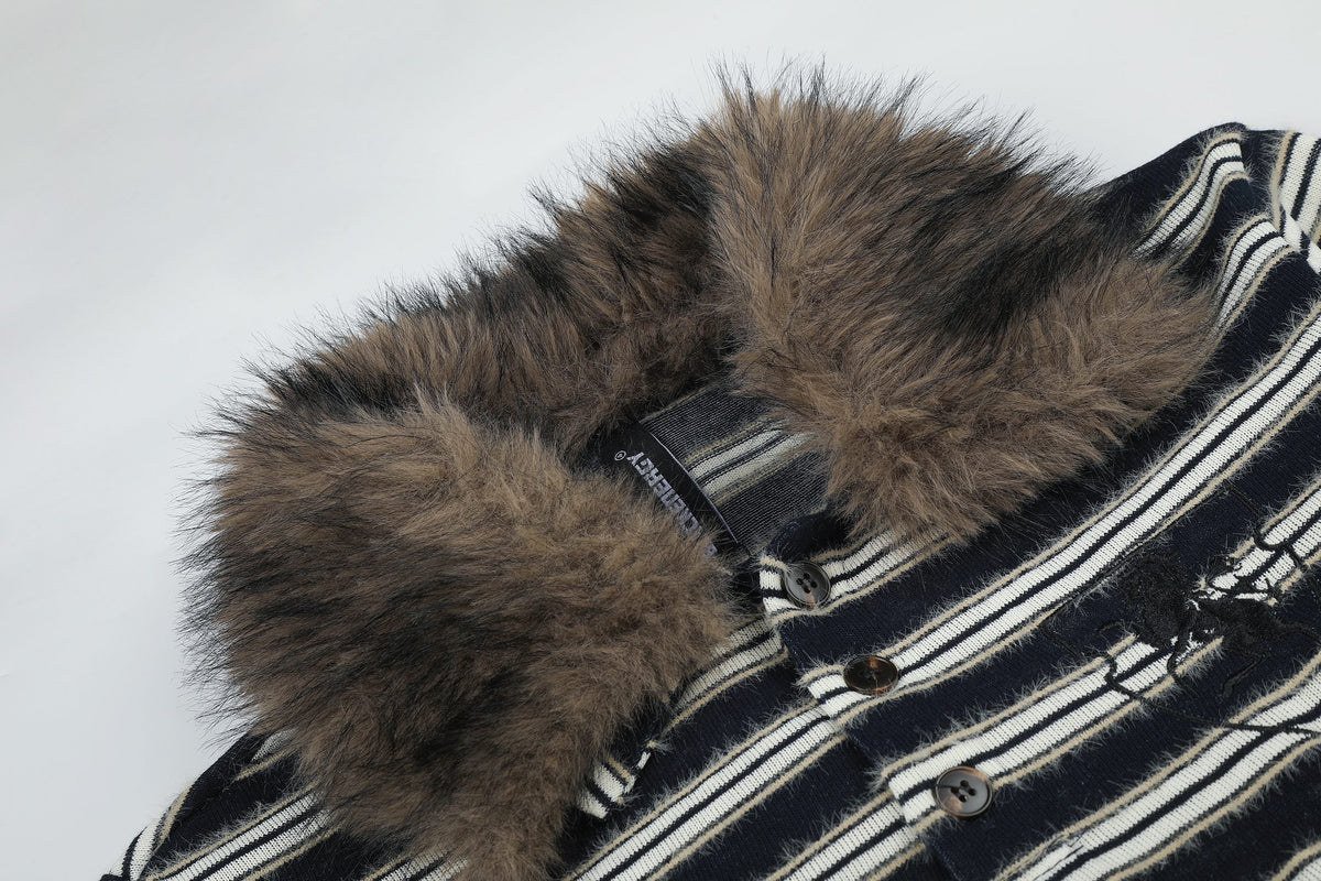 Madxmarx Vintage Striped Fur Collar Long Sleeve Polo