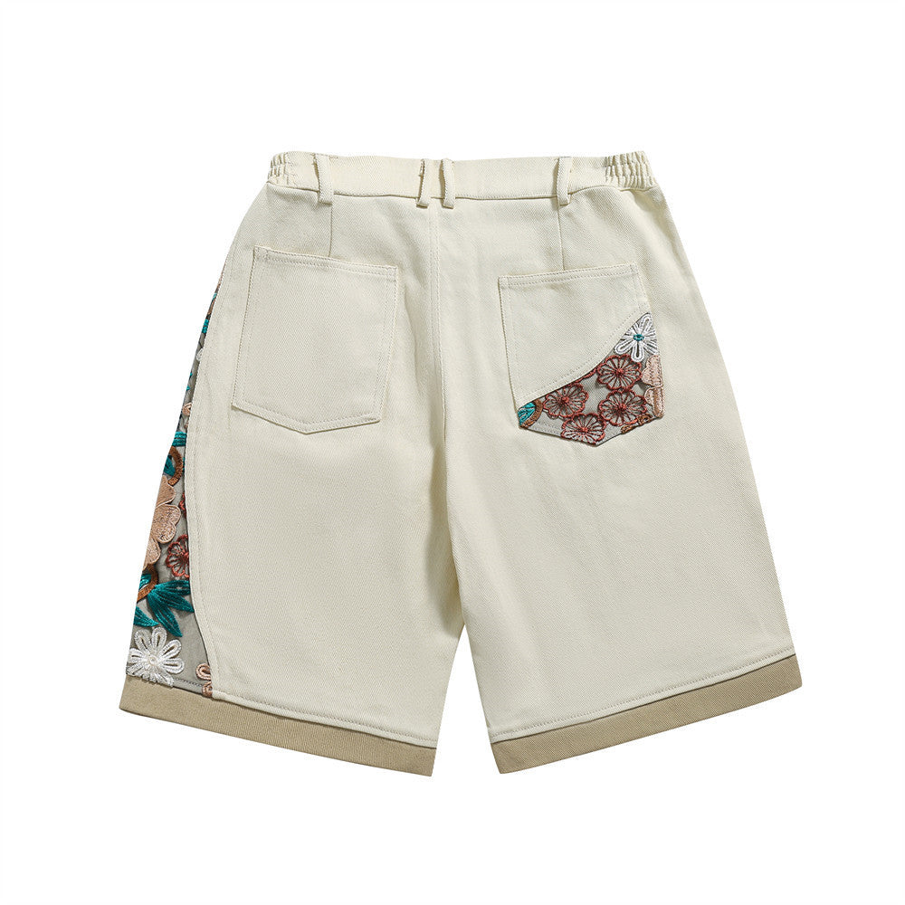 Geborduurde sportshorts met kant en stiksels