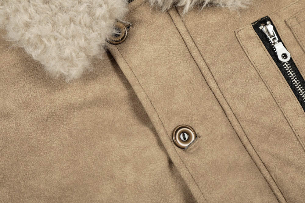 Thick Warm Punk Fur Collar Style PU Leather Jacket